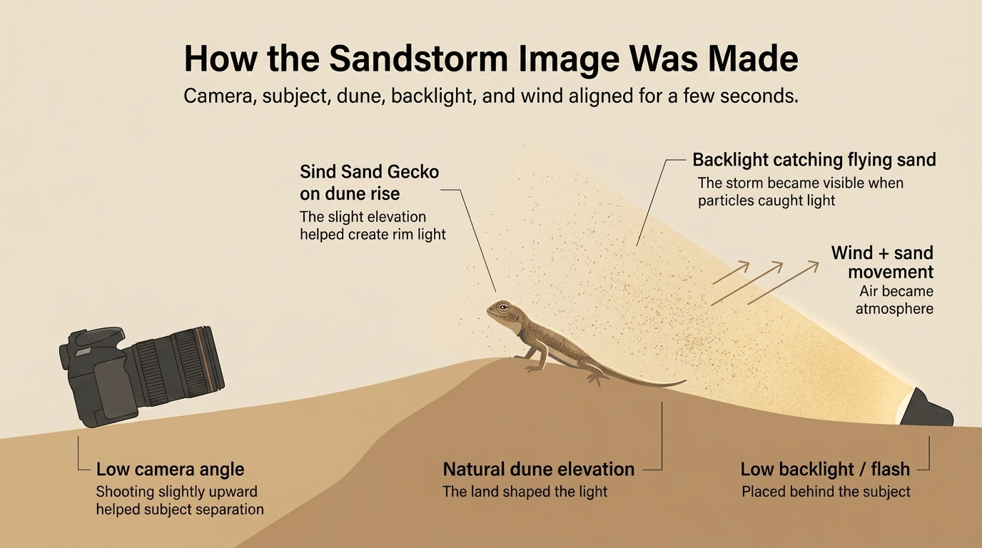 Side-view setup diagram showing the camera low on the left, a toad-headed agama on a dune rise in the centre, hidden low backlight behind the dune on the right, warm light beam revealing airborne sand, and wind arrows indicating the sandstorm direction