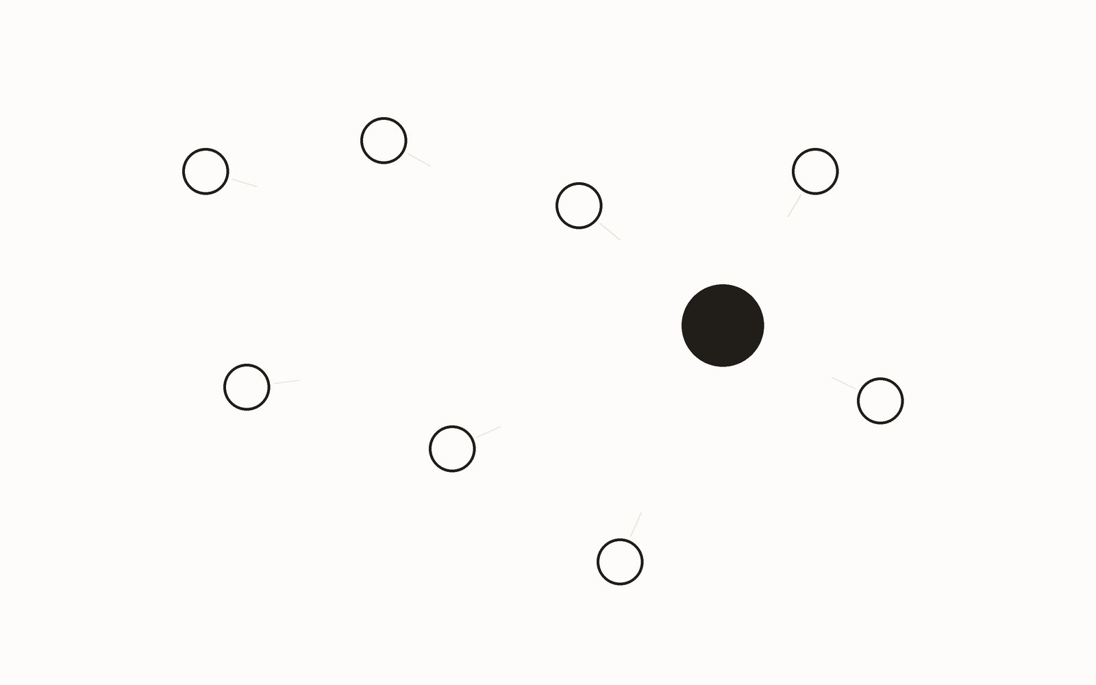 A loose field of thin hollow circles with one larger solid dark disc among them, pulling the eye toward it.